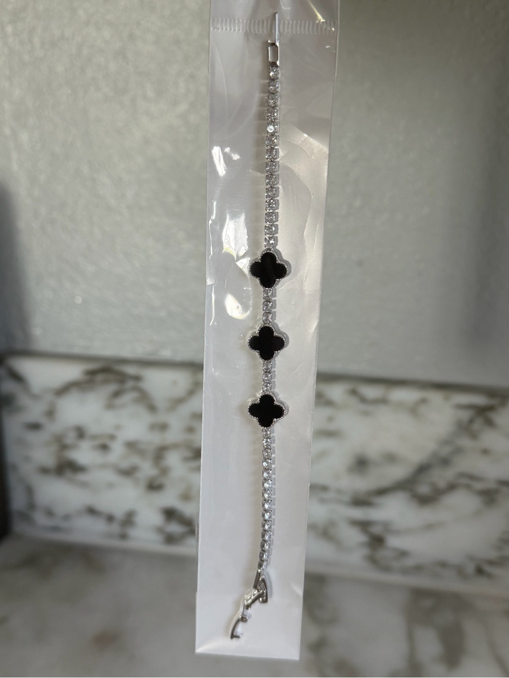 Silver Bracelet with Black Clover Accents